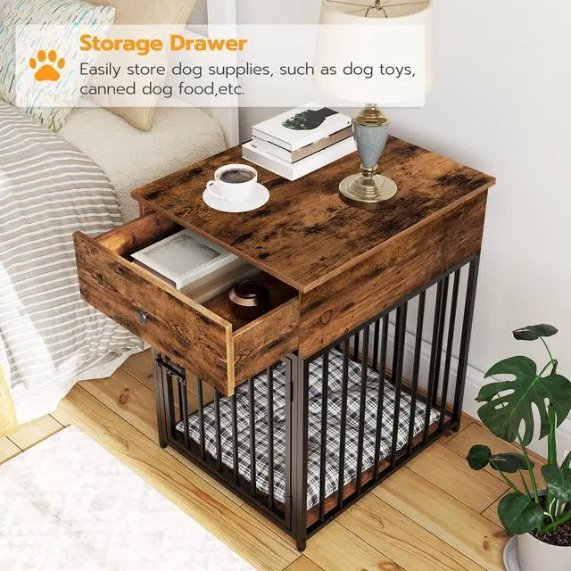 Alt view image 3 of 7 - HOOBRO Dog Crate Furniture, Wooden Dog House, Decorative Dog Kennel with Drawer, Indoor Pet Crate End Table for Small Dog, Steel-Tube Puppy Cage, Chew-Proof, Rustic Brown and Black BF01GW03