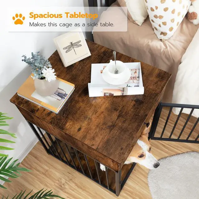 Alt view image 4 of 7 - HOOBRO Dog Crate Furniture, Wooden Dog House, Decorative Dog Kennel with Drawer, Indoor Pet Crate End Table for Small Dog, Steel-Tube Puppy Cage, Chew-Proof, Rustic Brown and Black BF01GW03