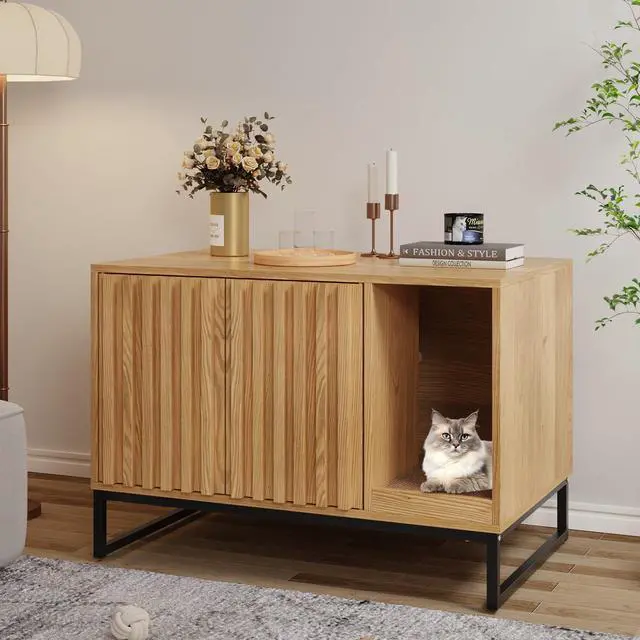Main image of Halitaa Litter Box Enclosure, Modern Cat Litter Box Enclosure Furniture Hidden Litter Box with Scratch Pad, Cat Washroom House End Table, Entryway Bench for Livingroom (Natural)