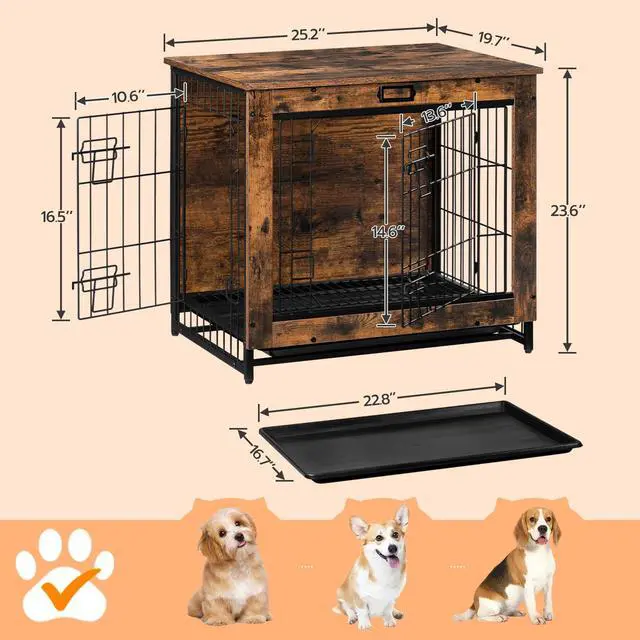 Alt view image 3 of 7 - Dog Crate Furniture, 25.5" Small Dog Kennel Indoor, Wooden Cage with Pull-Out Tray, Double Doors Pet House Side End Table for Small/Medium Dogs, Rustic Brown BF642GW03G1