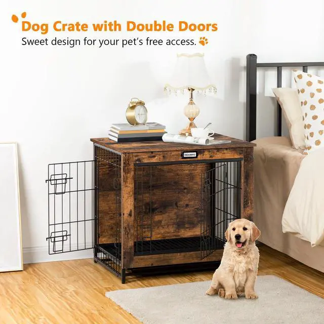 Alt view image 4 of 7 - Dog Crate Furniture, 25.5" Small Dog Kennel Indoor, Wooden Cage with Pull-Out Tray, Double Doors Pet House Side End Table for Small/Medium Dogs, Rustic Brown BF642GW03G1