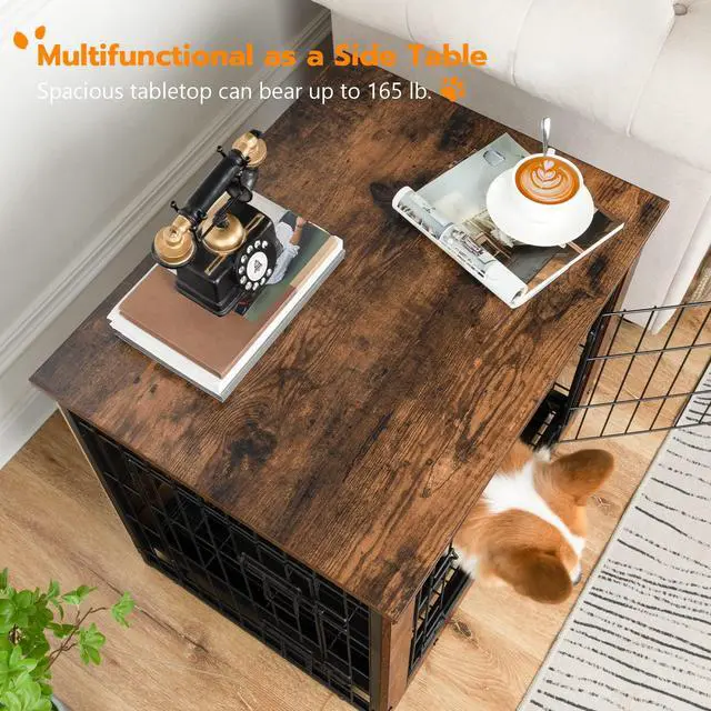 Alt view image 5 of 7 - Dog Crate Furniture, 25.5" Small Dog Kennel Indoor, Wooden Cage with Pull-Out Tray, Double Doors Pet House Side End Table for Small/Medium Dogs, Rustic Brown BF642GW03G1