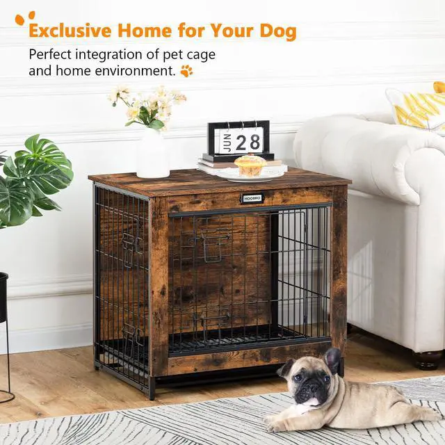 Alt view image 2 of 7 - Dog Crate Furniture, 25.5" Small Dog Kennel Indoor, Wooden Cage with Pull-Out Tray, Double Doors Pet House Side End Table for Small/Medium Dogs, Rustic Brown BF642GW03G1