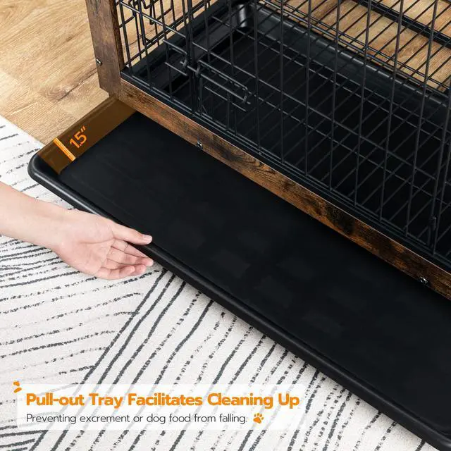 Alt view image 6 of 7 - Dog Crate Furniture, 25.5" Small Dog Kennel Indoor, Wooden Cage with Pull-Out Tray, Double Doors Pet House Side End Table for Small/Medium Dogs, Rustic Brown BF642GW03G1