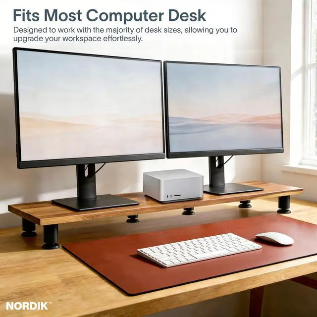 Alt view image 3 of 7 - Nordik Large Dual Monitor Riser for 2 - 42.5 Inch Premium Handmade Hardwood Acacia Computer - Wood Shelf Desk Organizer Television - Laptop TV Stand with Storage Organizer for Desk Accessories (Brown)