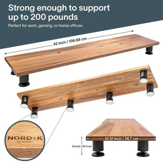 Alt view image 4 of 7 - Nordik Large Dual Monitor Riser for 2 - 42.5 Inch Premium Handmade Hardwood Acacia Computer - Wood Shelf Desk Organizer Television - Laptop TV Stand with Storage Organizer for Desk Accessories (Brown)