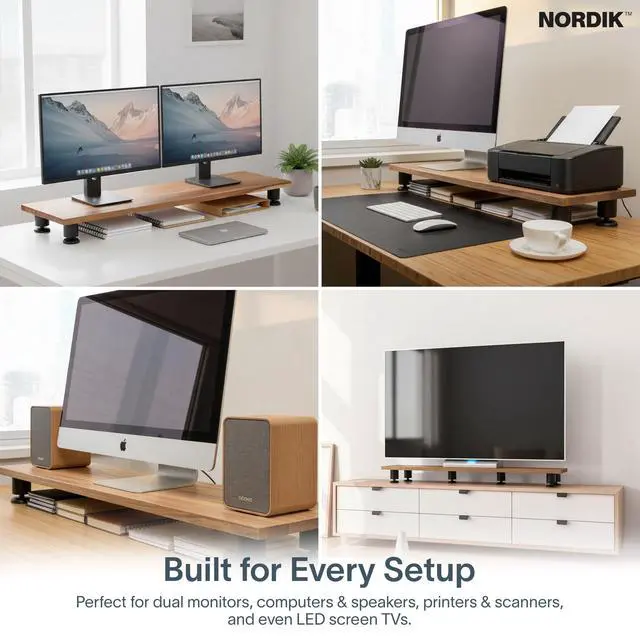Alt view image 6 of 7 - Nordik Large Dual Monitor Riser for 2 - 42.5 Inch Premium Handmade Hardwood Acacia Computer - Wood Shelf Desk Organizer Television - Laptop TV Stand with Storage Organizer for Desk Accessories (Brown)
