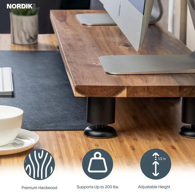 Alt view image 7 of 7 - Nordik Large Dual Monitor Riser for 2 - 42.5 Inch Premium Handmade Hardwood Acacia Computer - Wood Shelf Desk Organizer Television - Laptop TV Stand with Storage Organizer for Desk Accessories (Brown)