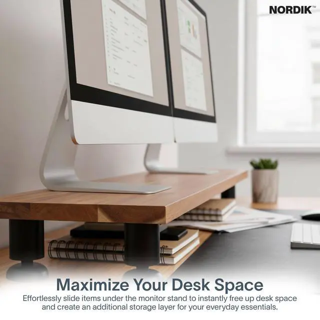 Alt view image 5 of 7 - Nordik Large Dual Monitor Riser for 2 - 42.5 Inch Premium Handmade Hardwood Acacia Computer - Wood Shelf Desk Organizer Television - Laptop TV Stand with Storage Organizer for Desk Accessories (Brown)