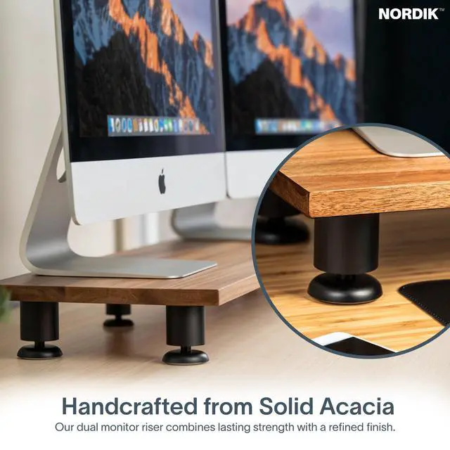 Alt view image 2 of 7 - Nordik Large Dual Monitor Riser for 2 - 42.5 Inch Premium Handmade Hardwood Acacia Computer - Wood Shelf Desk Organizer Television - Laptop TV Stand with Storage Organizer for Desk Accessories (Brown)