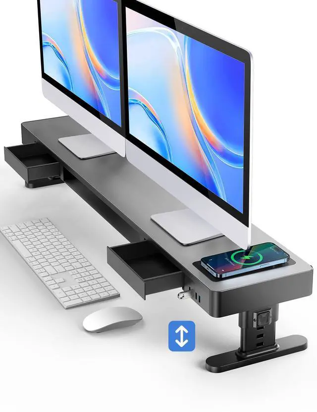 Main image of meatanty Dual Monitor Stand with 4 Adjustable Heights, Auto Phone Charging Pad, 4 USB Ports, Computer Riser with Drawers Storage, Metal Double Desk Organizer Lifter Raiser for 2 Monitors Screen Gift