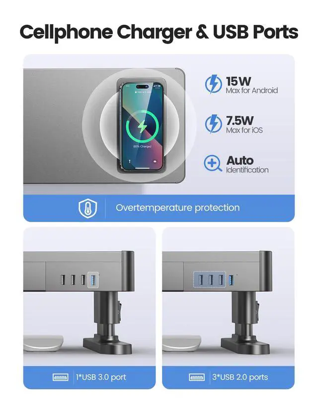 Alt view image 3 of 7 - meatanty Dual Monitor Stand with 4 Adjustable Heights, Auto Phone Charging Pad, 4 USB Ports, Computer Riser with Drawers Storage, Metal Double Desk Organizer Lifter Raiser for 2 Monitors Screen Gift