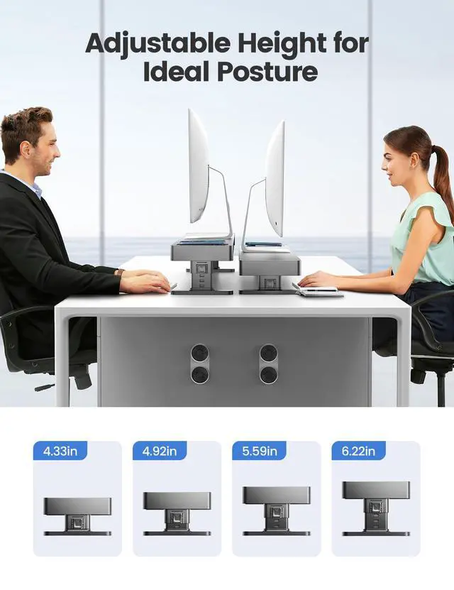 Alt view image 4 of 7 - meatanty Dual Monitor Stand with 4 Adjustable Heights, Auto Phone Charging Pad, 4 USB Ports, Computer Riser with Drawers Storage, Metal Double Desk Organizer Lifter Raiser for 2 Monitors Screen Gift