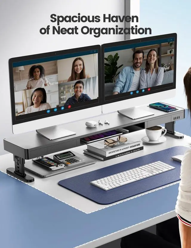 Alt view image 5 of 7 - meatanty Dual Monitor Stand with 4 Adjustable Heights, Auto Phone Charging Pad, 4 USB Ports, Computer Riser with Drawers Storage, Metal Double Desk Organizer Lifter Raiser for 2 Monitors Screen Gift