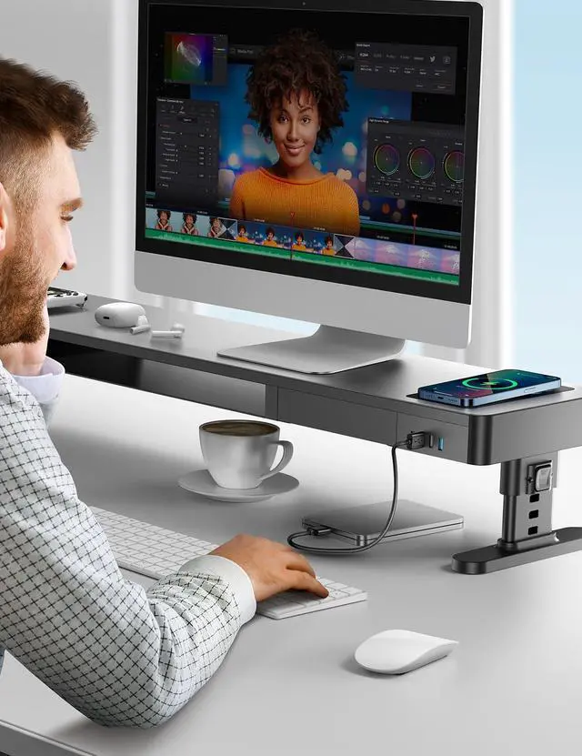 Alt view image 6 of 7 - meatanty Dual Monitor Stand with 4 Adjustable Heights, Auto Phone Charging Pad, 4 USB Ports, Computer Riser with Drawers Storage, Metal Double Desk Organizer Lifter Raiser for 2 Monitors Screen Gift