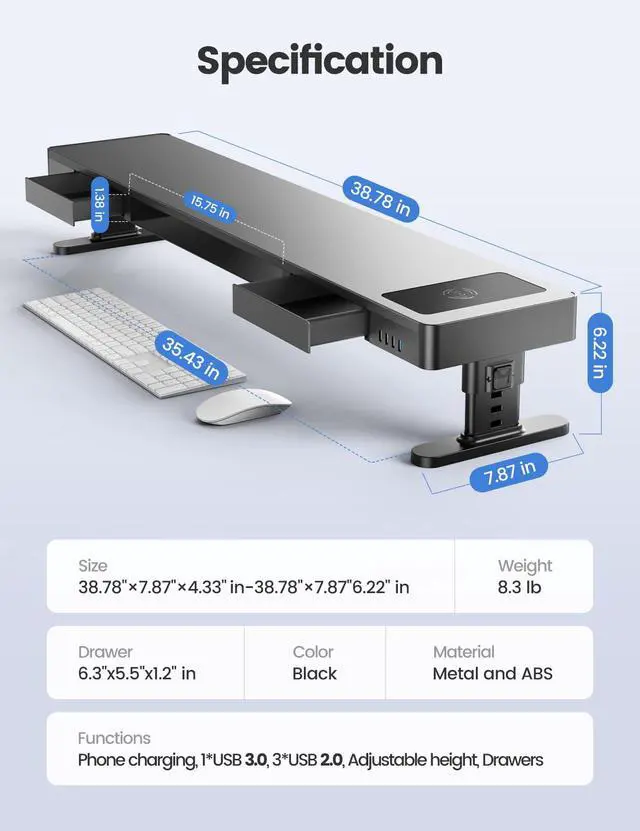 Alt view image 7 of 7 - meatanty Dual Monitor Stand with 4 Adjustable Heights, Auto Phone Charging Pad, 4 USB Ports, Computer Riser with Drawers Storage, Metal Double Desk Organizer Lifter Raiser for 2 Monitors Screen Gift