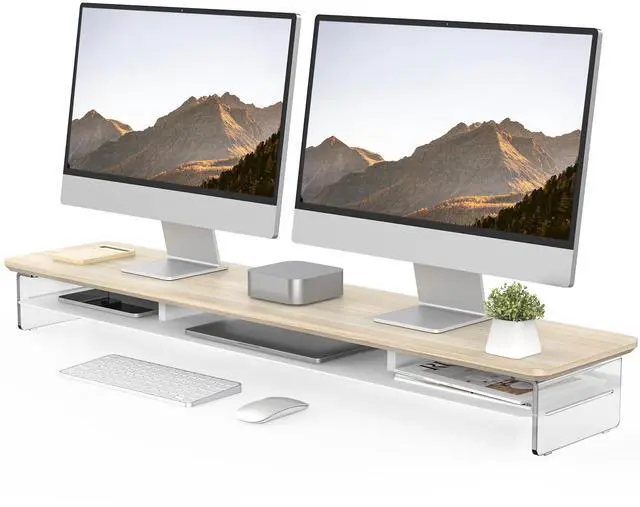 Main image of Fenge Acrylic Monitor Stand Riser, 42.5 Inches Dual Monitor Stand with Metal Storage, 2 Tier Acrylic Computer Riser for Desk, Clear Laptop Stand for PC, Laptop, Printer, TV, Oak
