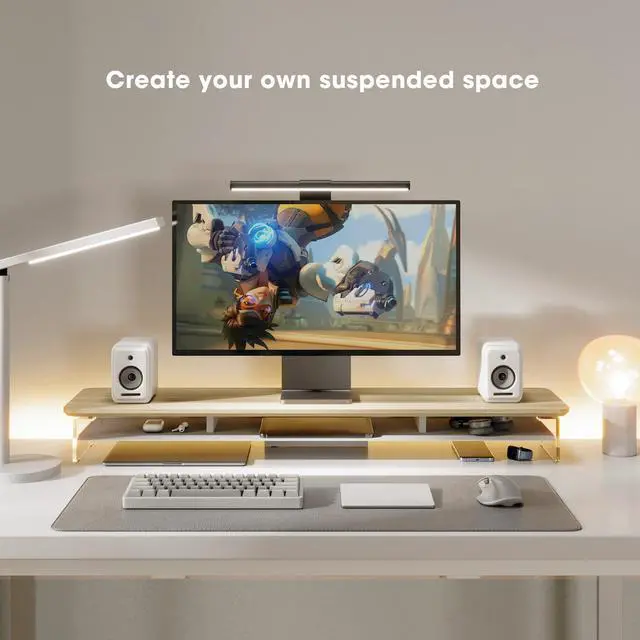 Alt view image 4 of 7 - Fenge Acrylic Monitor Stand Riser, 42.5 Inches Dual Monitor Stand with Metal Storage, 2 Tier Acrylic Computer Riser for Desk, Clear Laptop Stand for PC, Laptop, Printer, TV, Oak
