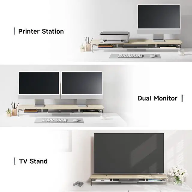 Alt view image 5 of 7 - Fenge Acrylic Monitor Stand Riser, 42.5 Inches Dual Monitor Stand with Metal Storage, 2 Tier Acrylic Computer Riser for Desk, Clear Laptop Stand for PC, Laptop, Printer, TV, Oak