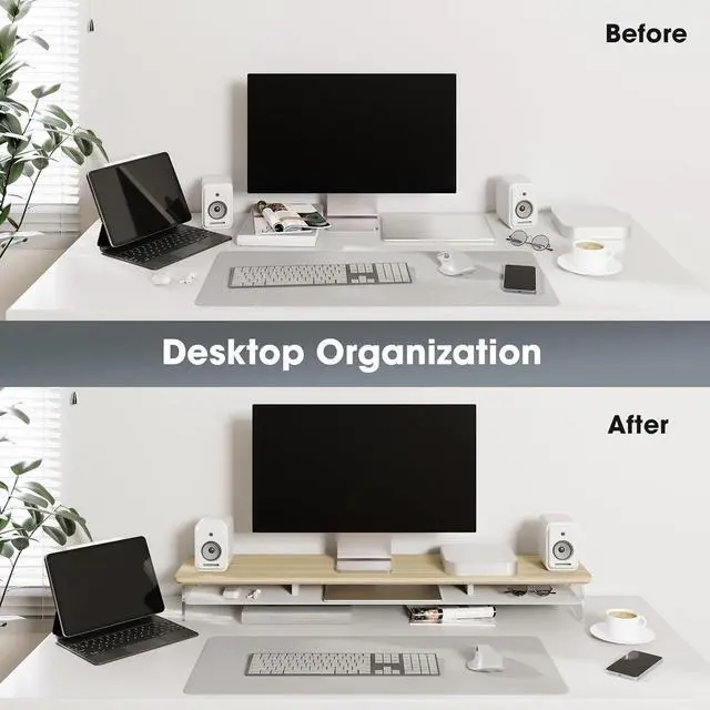 Alt view image 7 of 7 - Fenge Acrylic Monitor Stand Riser, 42.5 Inches Dual Monitor Stand with Metal Storage, 2 Tier Acrylic Computer Riser for Desk, Clear Laptop Stand for PC, Laptop, Printer, TV, Oak