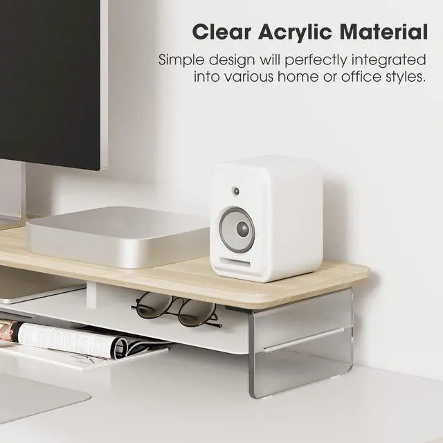 Alt view image 3 of 7 - Fenge Acrylic Monitor Stand Riser, 42.5 Inches Dual Monitor Stand with Metal Storage, 2 Tier Acrylic Computer Riser for Desk, Clear Laptop Stand for PC, Laptop, Printer, TV, Oak