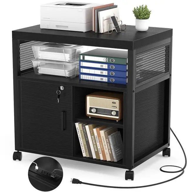 Main image of Unikito Lateral File Cabinet, Locking Office Printer Stand with Sockets and USB Charging Ports, Modern Rolling Printer Desk with Storage for A4, Letter Size and File Folders, Black