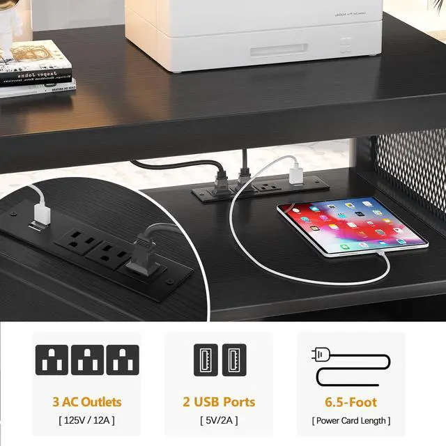Alt view image 3 of 7 - Unikito Lateral File Cabinet, Locking Office Printer Stand with Sockets and USB Charging Ports, Modern Rolling Printer Desk with Storage for A4, Letter Size and File Folders, Black