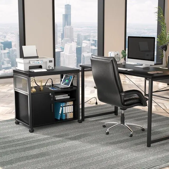 Alt view image 2 of 7 - Unikito Lateral File Cabinet, Locking Office Printer Stand with Sockets and USB Charging Ports, Modern Rolling Printer Desk with Storage for A4, Letter Size and File Folders, Black