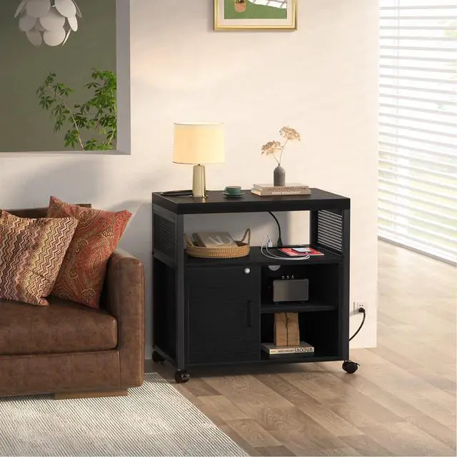 Alt view image 5 of 7 - Unikito Lateral File Cabinet, Locking Office Printer Stand with Sockets and USB Charging Ports, Modern Rolling Printer Desk with Storage for A4, Letter Size and File Folders, Black
