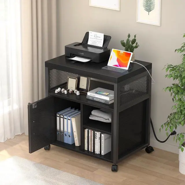 Alt view image 6 of 7 - Unikito Lateral File Cabinet, Locking Office Printer Stand with Sockets and USB Charging Ports, Modern Rolling Printer Desk with Storage for A4, Letter Size and File Folders, Black