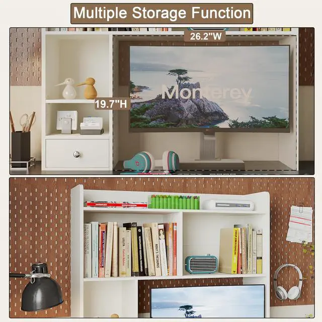 Alt view image 3 of 7 - ChooChoo Desktop Bookshelf with Lights, 36.4" Tall Countertop Desk Hutch with 5 Shelves and 1 Drawer for Computer Desk, Desk Shelf Organizer for Dorm Office Home,White