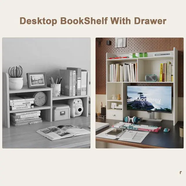 Alt view image 4 of 7 - ChooChoo Desktop Bookshelf with Lights, 36.4" Tall Countertop Desk Hutch with 5 Shelves and 1 Drawer for Computer Desk, Desk Shelf Organizer for Dorm Office Home,White