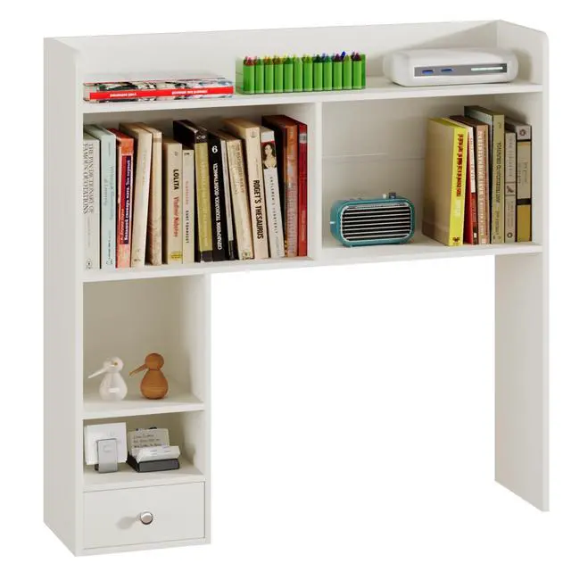 Alt view image 6 of 7 - ChooChoo Desktop Bookshelf with Lights, 36.4" Tall Countertop Desk Hutch with 5 Shelves and 1 Drawer for Computer Desk, Desk Shelf Organizer for Dorm Office Home,White