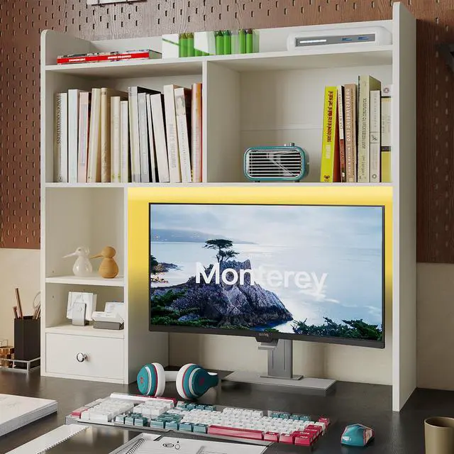 Main image of ChooChoo Desktop Bookshelf with Lights, 36.4" Tall Countertop Desk Hutch with 5 Shelves and 1 Drawer for Computer Desk, Desk Shelf Organizer for Dorm Office Home,White