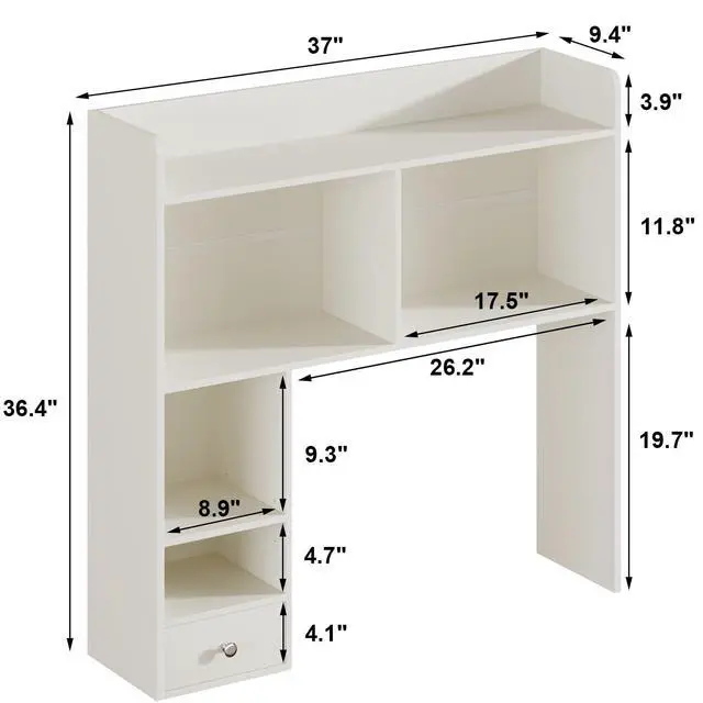 Alt view image 7 of 7 - ChooChoo Desktop Bookshelf with Lights, 36.4" Tall Countertop Desk Hutch with 5 Shelves and 1 Drawer for Computer Desk, Desk Shelf Organizer for Dorm Office Home,White