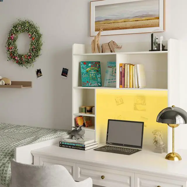 Alt view image 5 of 7 - ChooChoo Desktop Bookshelf with Lights, 36.4" Tall Countertop Desk Hutch with 5 Shelves and 1 Drawer for Computer Desk, Desk Shelf Organizer for Dorm Office Home,White