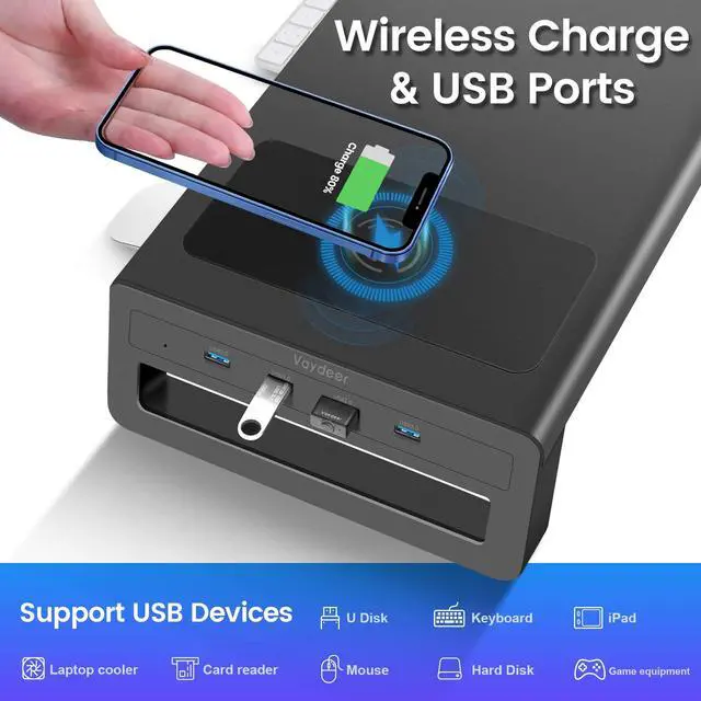 Alt view image 2 of 7 - Vaydeer Dual Monitor Stand, Double Monitor Riser with Wireless Charger and 4 USB 3.0 Hub Ports, Metal Desk Raiser for 2 Monitors, PC Screen iMac Studio Display Gaming Office Work Space Saver Organizer