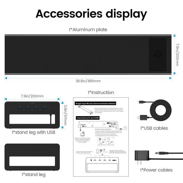 Alt view image 7 of 7 - Vaydeer Dual Monitor Stand, Double Monitor Riser with Wireless Charger and 4 USB 3.0 Hub Ports, Metal Desk Raiser for 2 Monitors, PC Screen iMac Studio Display Gaming Office Work Space Saver Organizer