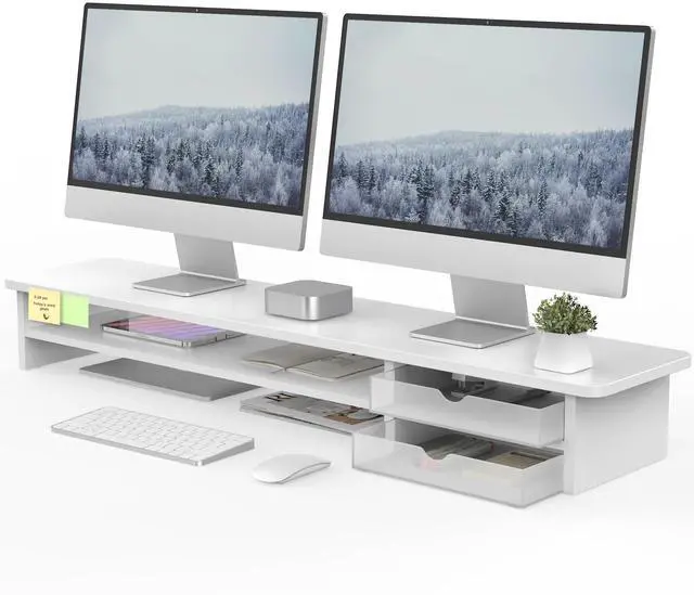 Main image of Fenge Monitor Stand, Dual Monitor Riser, 42.5inch Large Desk Computer Monitor Stand Riser with Drawer, 2 Tier Wood & Acrylic Desktop Organizer for Computer, Laptop, Printer, TV Screen Riser