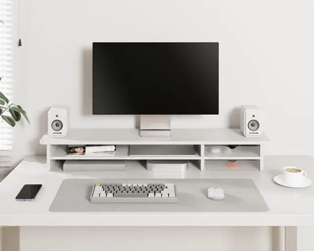 Alt view image 3 of 7 - Fenge Monitor Stand, Dual Monitor Riser, 42.5inch Large Desk Computer Monitor Stand Riser with Drawer, 2 Tier Wood & Acrylic Desktop Organizer for Computer, Laptop, Printer, TV Screen Riser