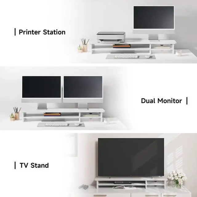 Alt view image 5 of 7 - Fenge Monitor Stand, Dual Monitor Riser, 42.5inch Large Desk Computer Monitor Stand Riser with Drawer, 2 Tier Wood & Acrylic Desktop Organizer for Computer, Laptop, Printer, TV Screen Riser