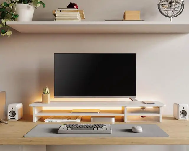 Alt view image 7 of 7 - Fenge Monitor Stand, Dual Monitor Riser, 42.5inch Large Desk Computer Monitor Stand Riser with Drawer, 2 Tier Wood & Acrylic Desktop Organizer for Computer, Laptop, Printer, TV Screen Riser