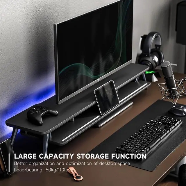Alt view image 2 of 7 - Fenge Dual Monitor Stand, Monitor Stands Riser for 2 monitors, 42.5 Inch Wood Desk Shelf with Storage Organizer and Cable Management for Office Desk Accessories