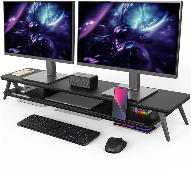 Main image of Fenge Dual Monitor Stand, Monitor Stands Riser for 2 monitors, 42.5 Inch Wood Desk Shelf with Storage Organizer and Cable Management for Office Desk Accessories