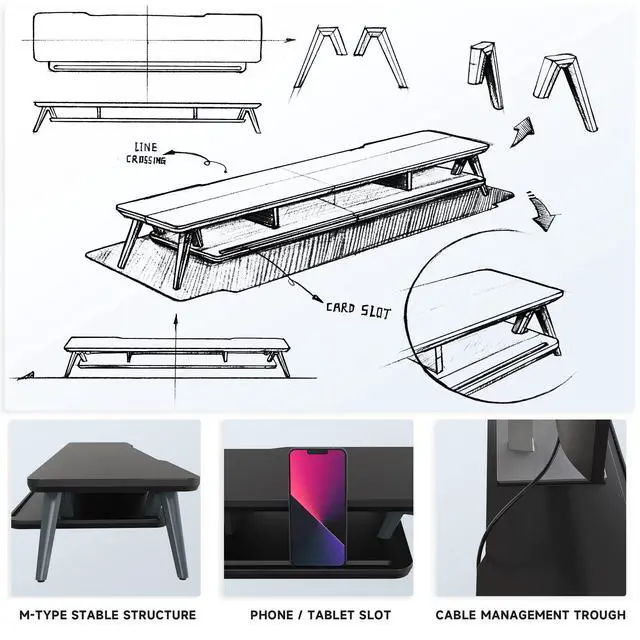 Alt view image 5 of 7 - Fenge Dual Monitor Stand, Monitor Stands Riser for 2 monitors, 42.5 Inch Wood Desk Shelf with Storage Organizer and Cable Management for Office Desk Accessories