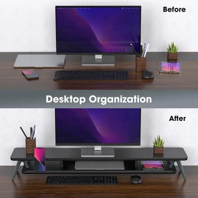 Alt view image 7 of 7 - Fenge Dual Monitor Stand, Monitor Stands Riser for 2 monitors, 42.5 Inch Wood Desk Shelf with Storage Organizer and Cable Management for Office Desk Accessories