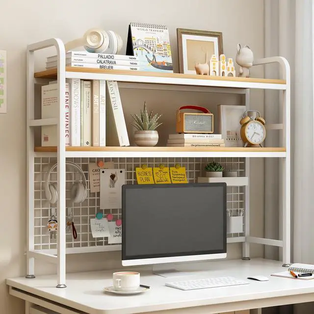 Main image of IOTXY 2-Tier Desktop Hutch Bookshelf - Metal Desk Shelf Bookcase with Grid Panel, Countertop Storage Organizer Rack for Dorm or Office, White, 45.3" W