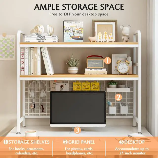 Alt view image 3 of 7 - IOTXY 2-Tier Desktop Hutch Bookshelf - Metal Desk Shelf Bookcase with Grid Panel, Countertop Storage Organizer Rack for Dorm or Office, White, 45.3" W