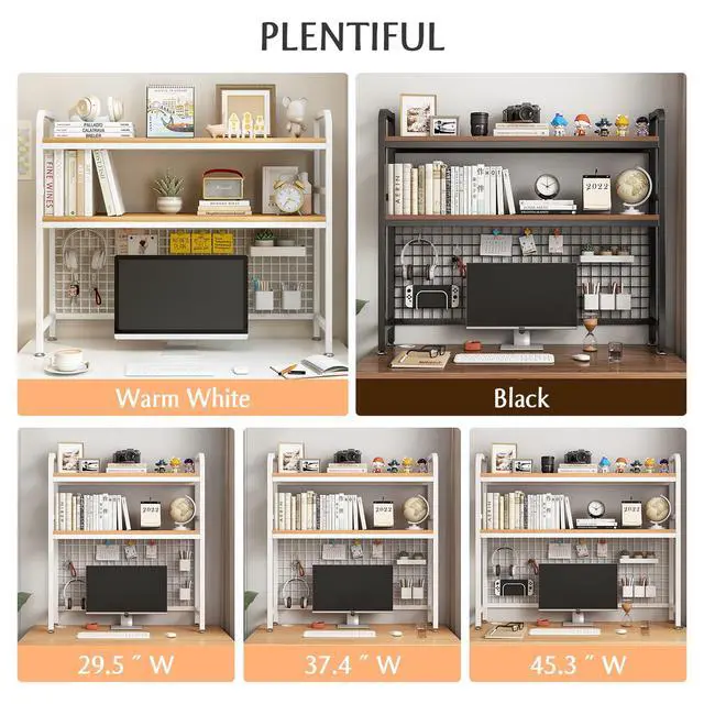 Alt view image 5 of 7 - IOTXY 2-Tier Desktop Hutch Bookshelf - Metal Desk Shelf Bookcase with Grid Panel, Countertop Storage Organizer Rack for Dorm or Office, White, 45.3" W