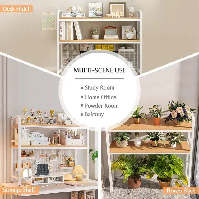 Alt view image 6 of 7 - IOTXY 2-Tier Desktop Hutch Bookshelf - Metal Desk Shelf Bookcase with Grid Panel, Countertop Storage Organizer Rack for Dorm or Office, White, 45.3" W
